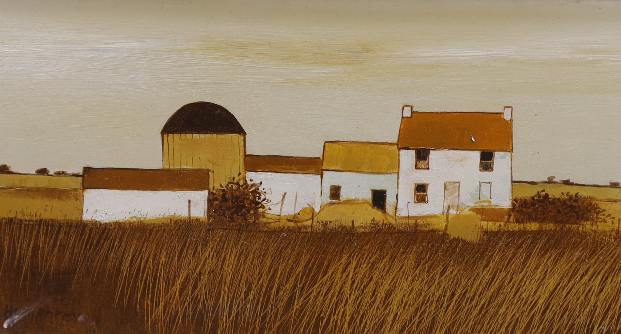 David Humphreys (b.1937), three oil on boards, Cottage and outbuildings, River landscape and Marshland, each signed, the largest 44cm x 14cm